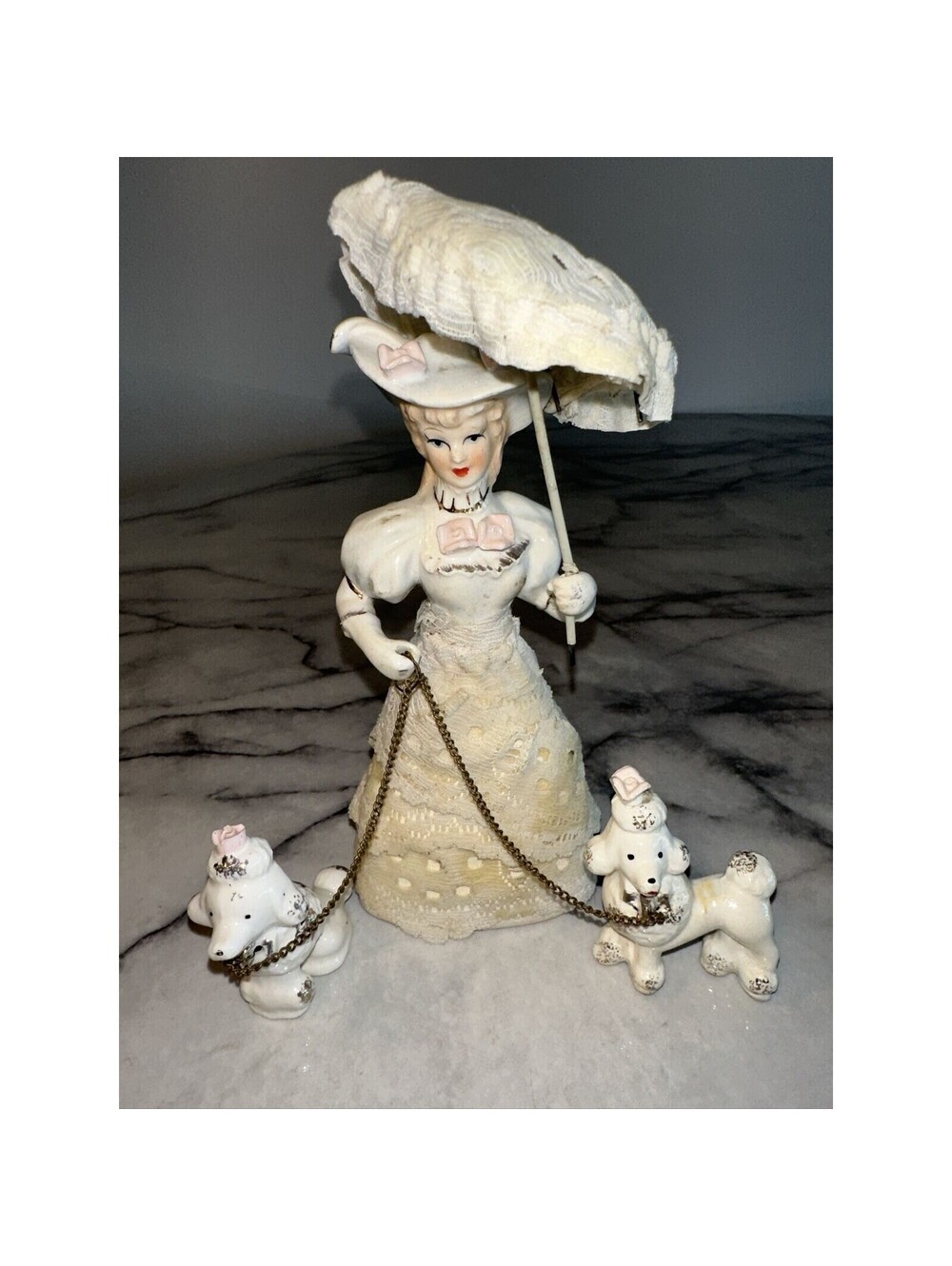 VTG '50s Victorian Lady 2 Poodle Dogs Pups Chain Ceramic Figurines Arnart Chic